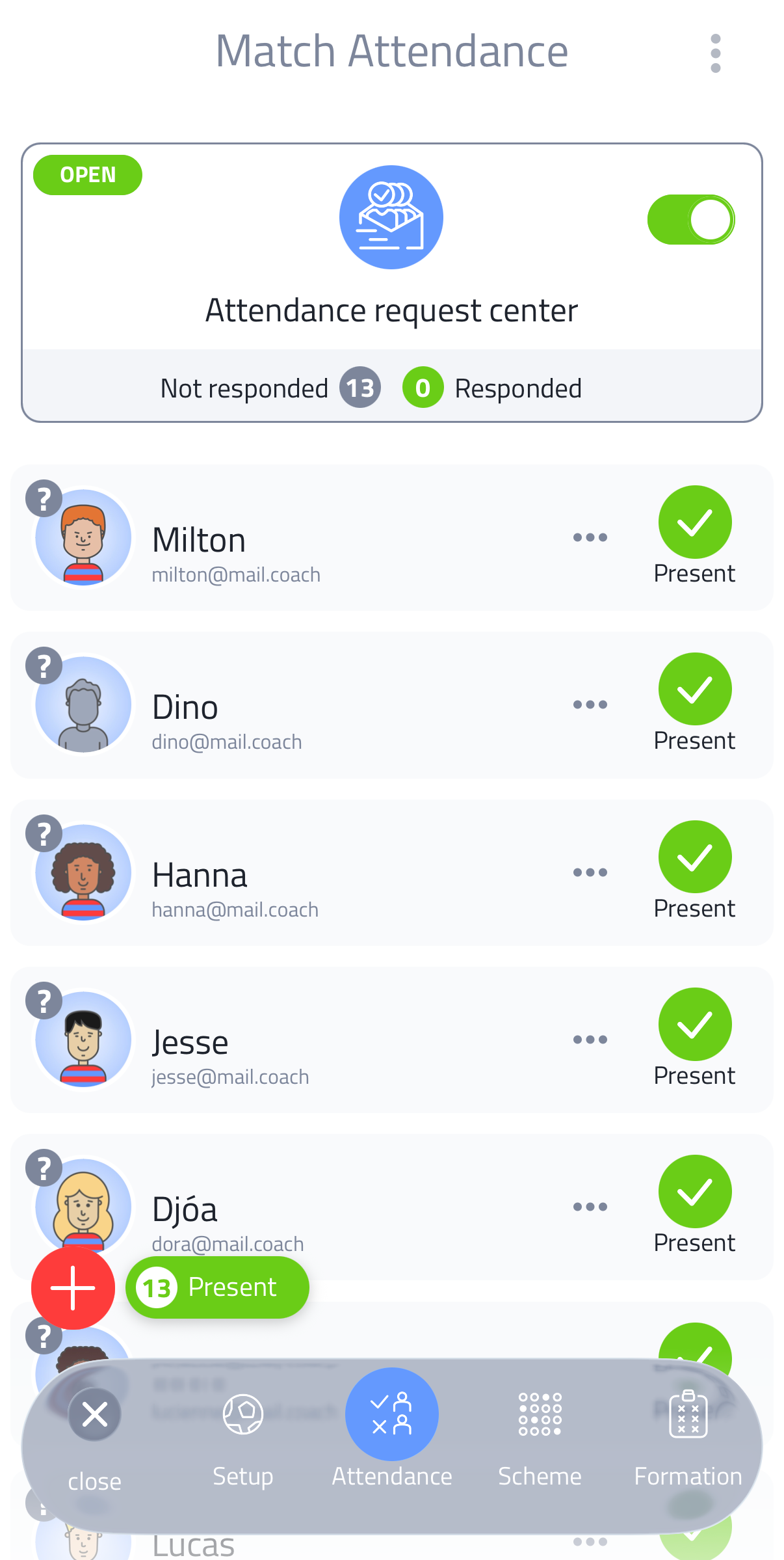 Attendance request center with player responses