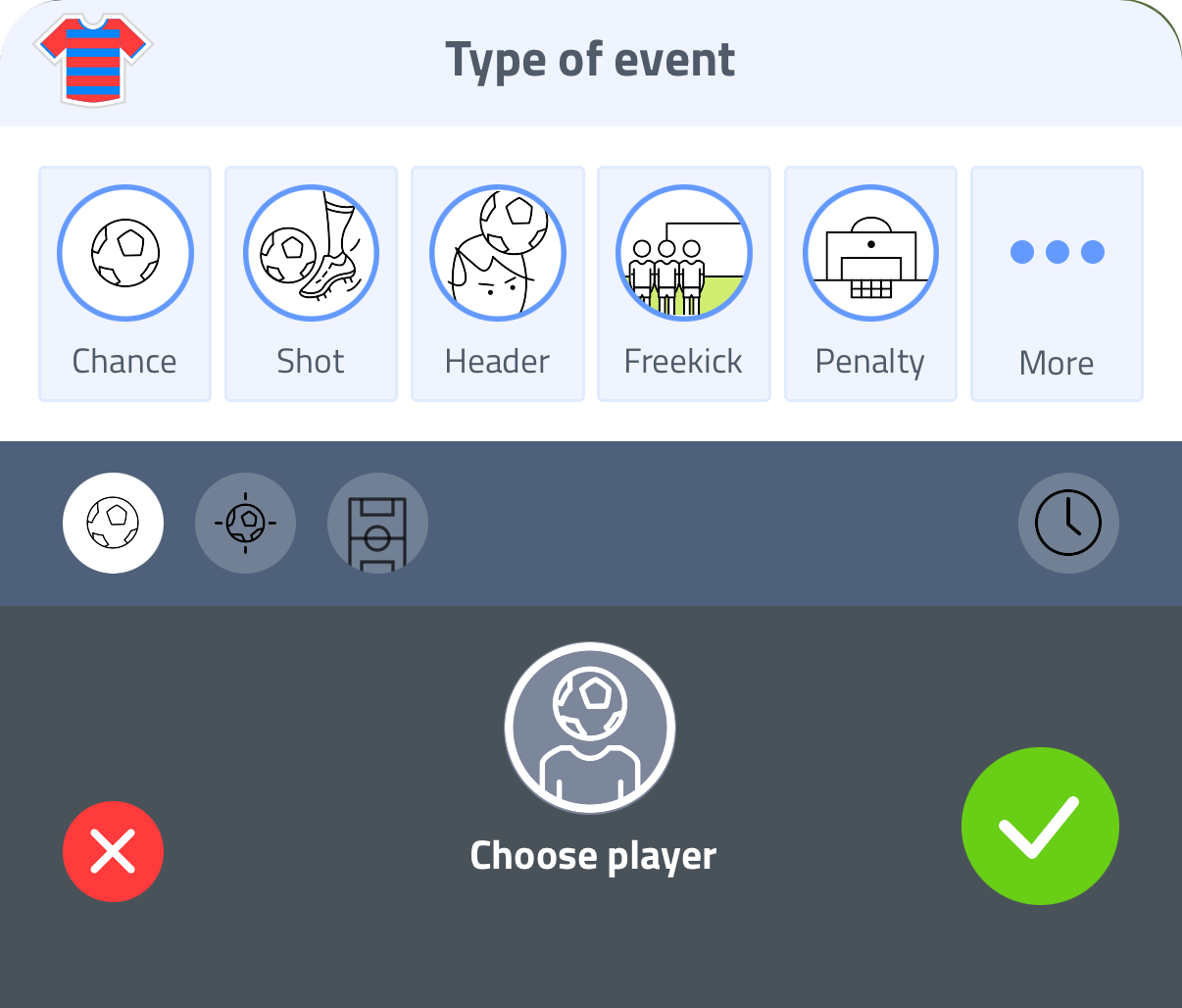 Type of event panel with chance, shot, header, freekick and penalty options