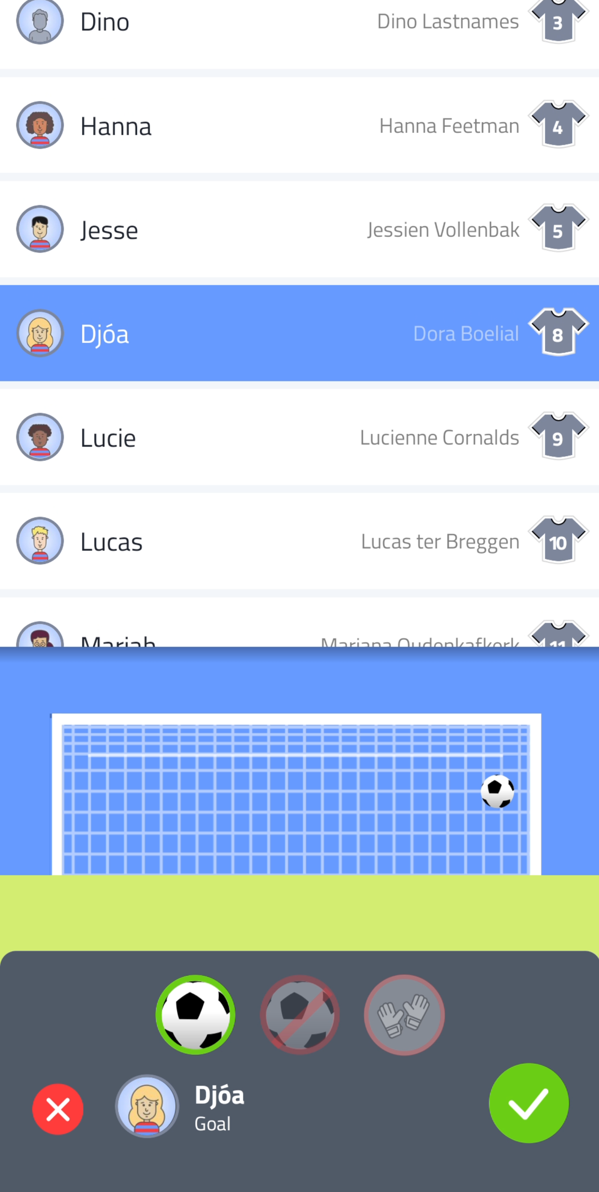 Penalty recording screen with player list and goal net