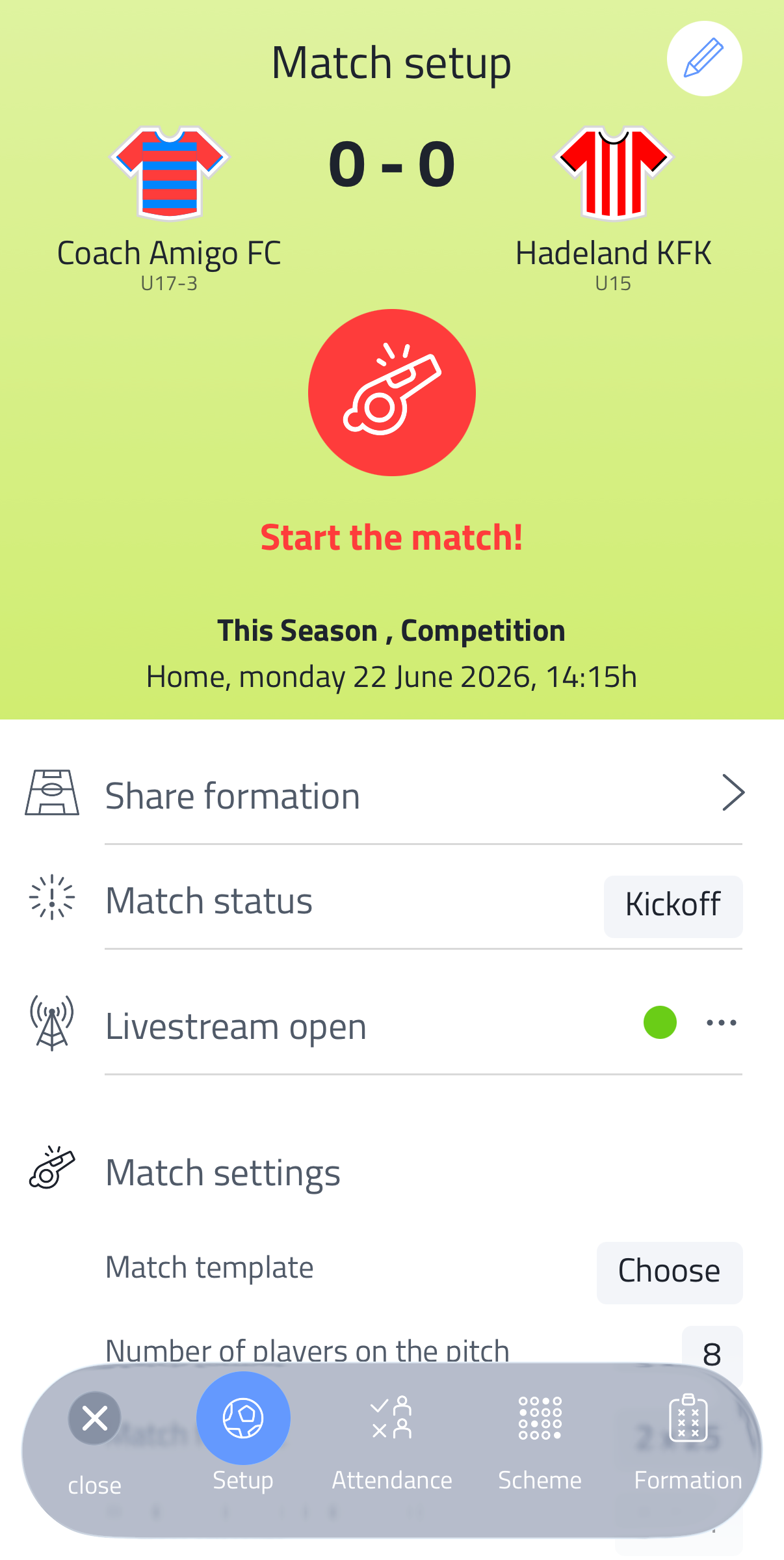 Match setup screen with Start the match button