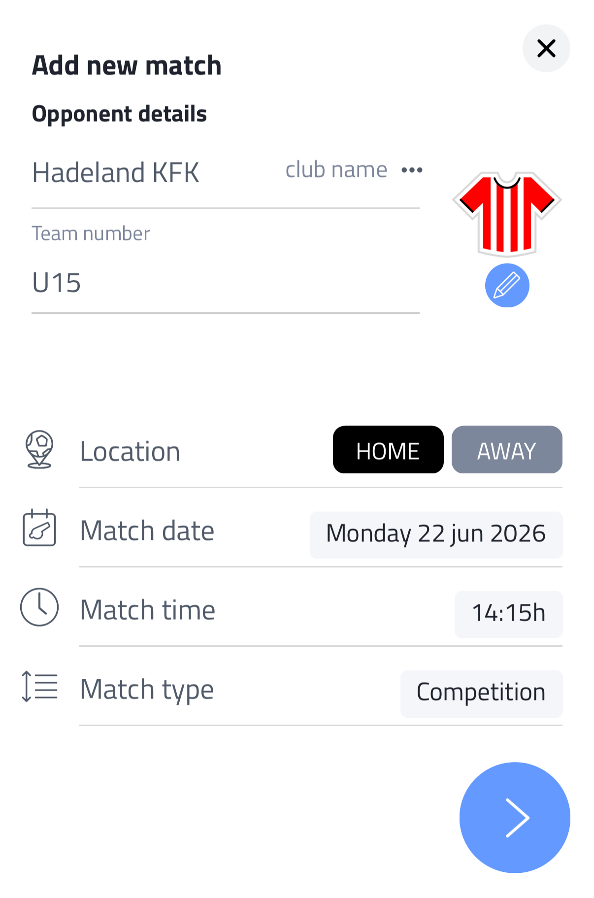 Add new match screen