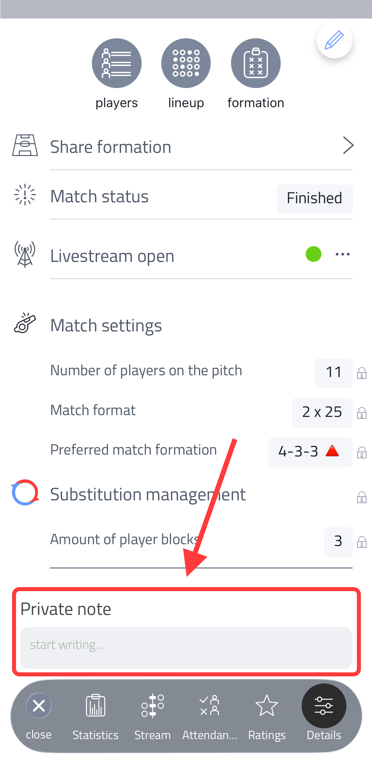 Match setup with the Note field