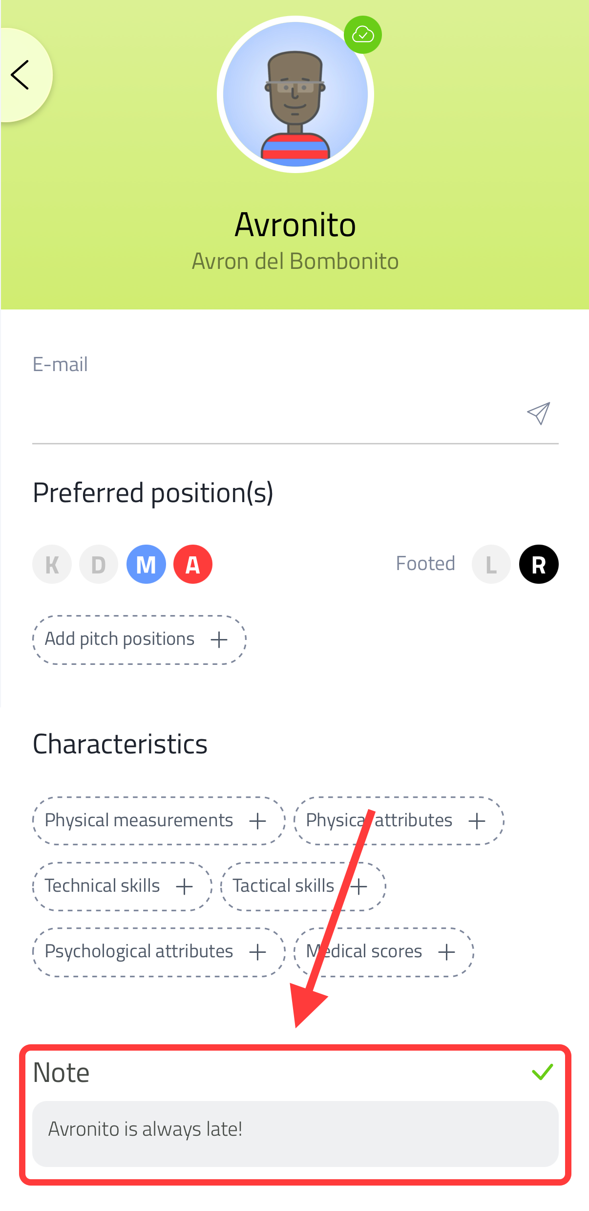 Player profile with the Note field