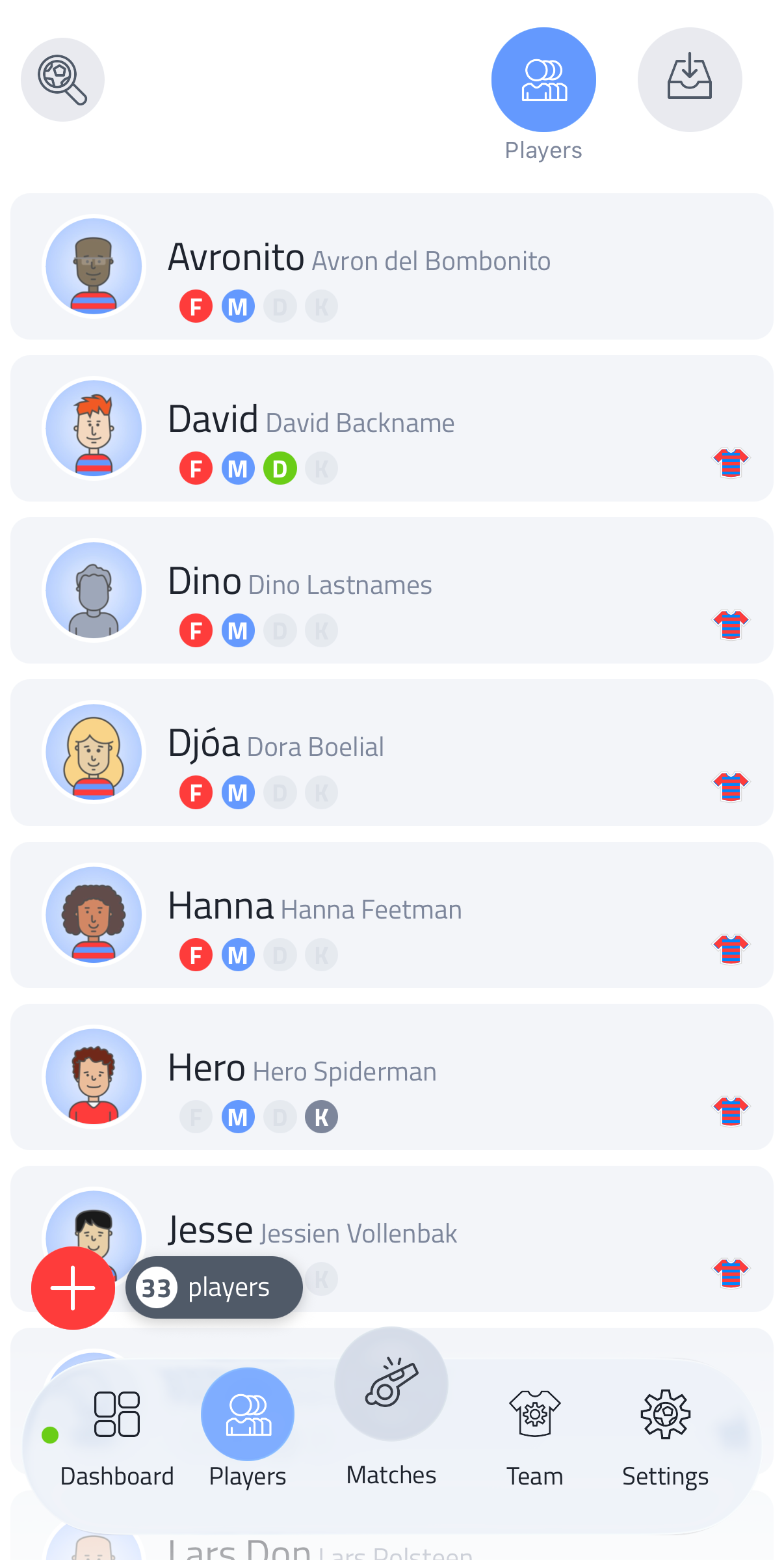 Players list screen