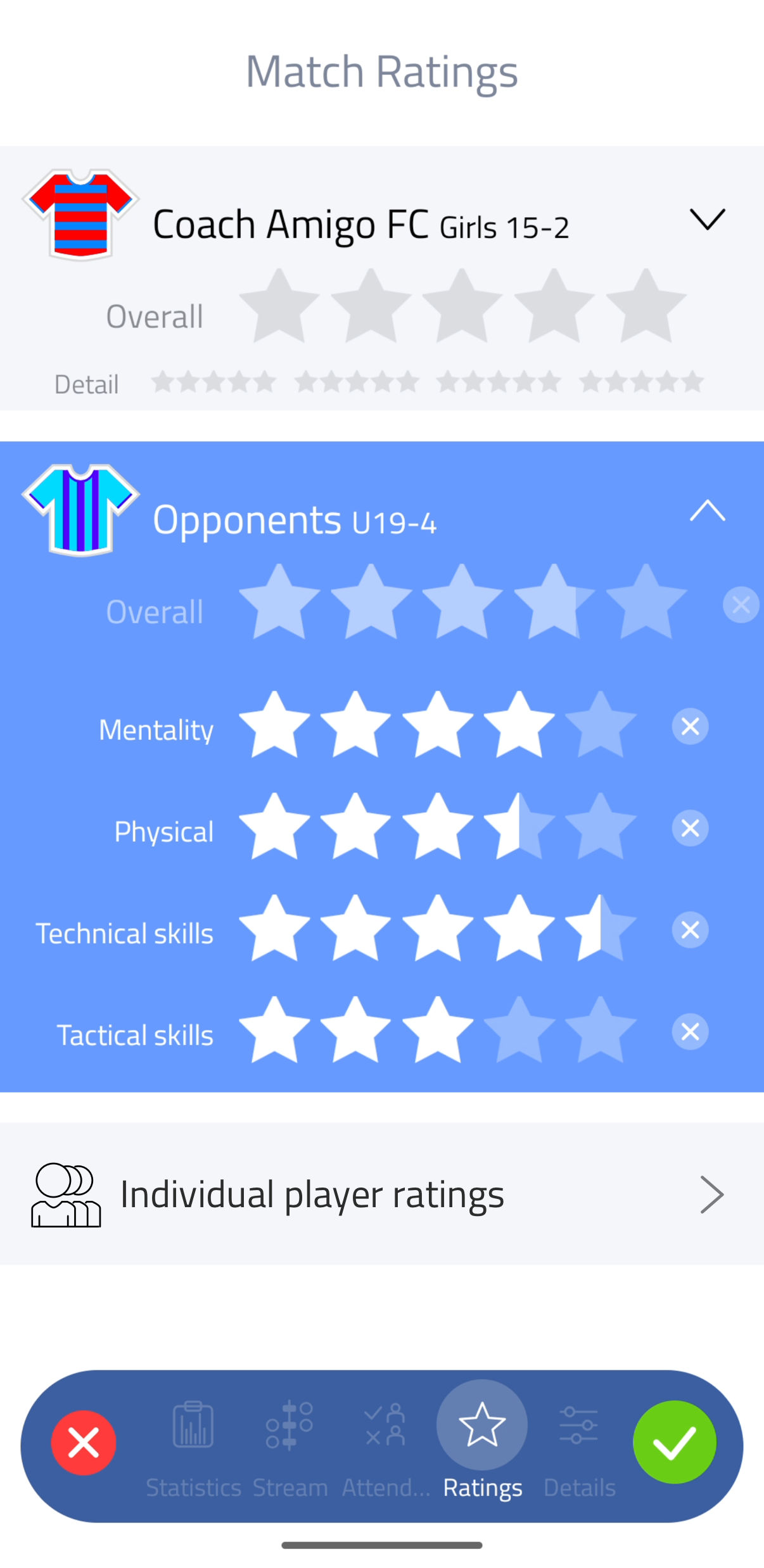 Match Ratings screen showing team rating with detailed attributes expanded
