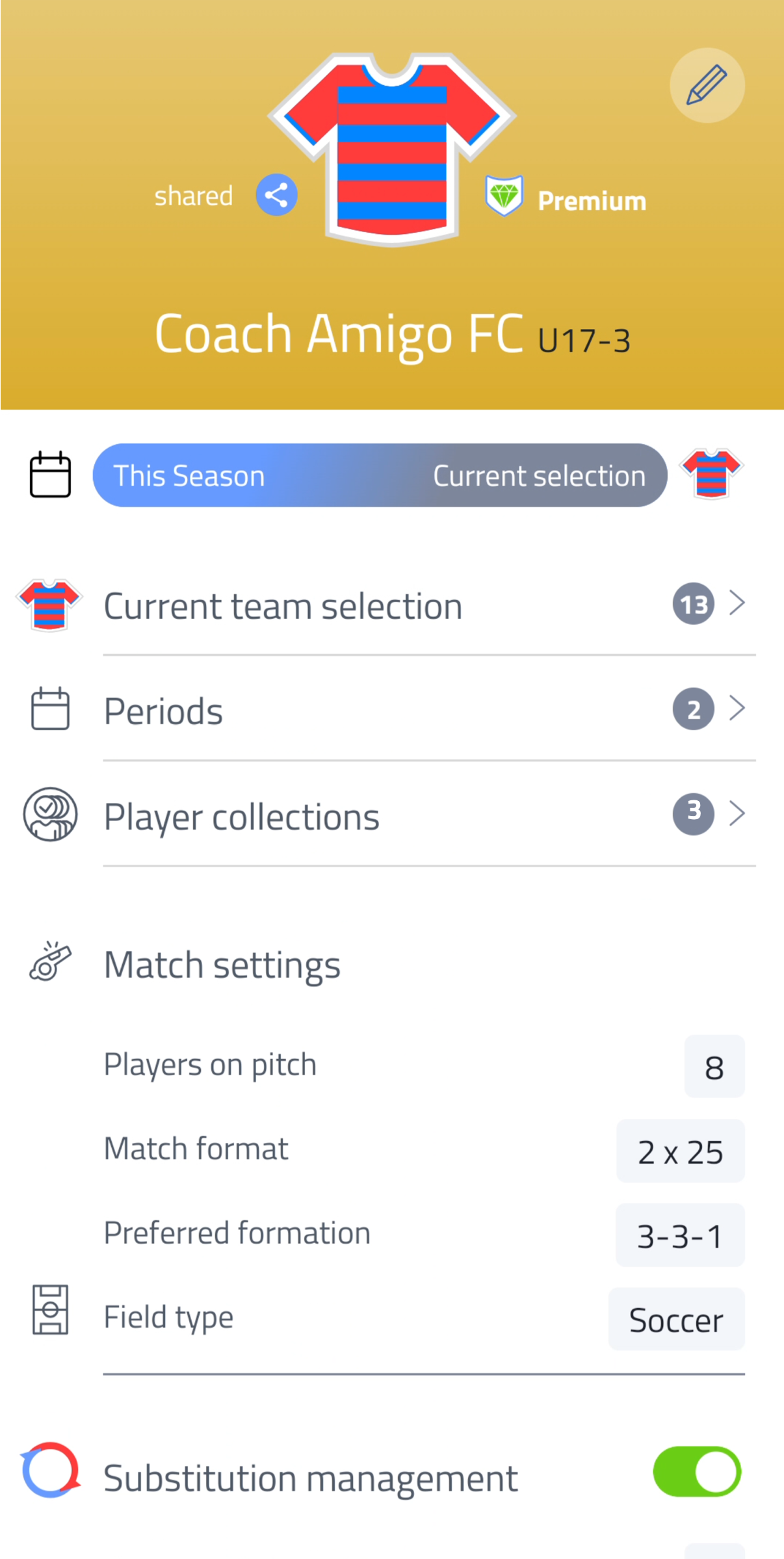 Team setup screen